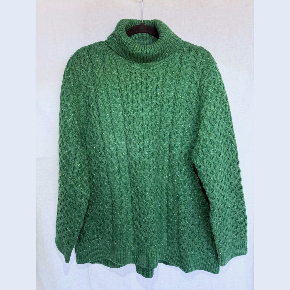 Lands' End Turtleneck Cozy Layering Sweater Green Cable Knit Wool Blend 2X